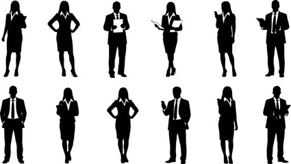 Business people silhouette set with men and women in professional poses, corporate teamwork concept, office workers, black vector illustration