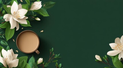 Top View of Coffee Cup Surrounded by White Flowers and Green Leaves on Dark Green Background