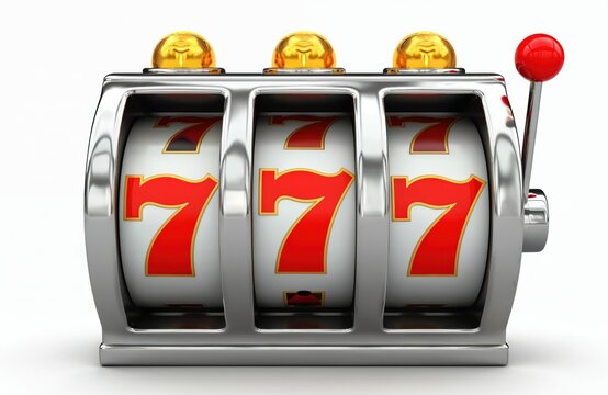 Three slot machine reels show triple red sevens, signifying a jackpot win and good fortune. This digital render on white background captures the excitement and chance of casino games and luck.