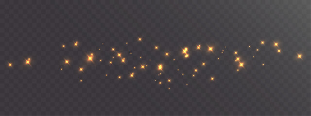 Golden sparkling stars scattered in horizontal line with soft glowing effect on transparent dark background.
