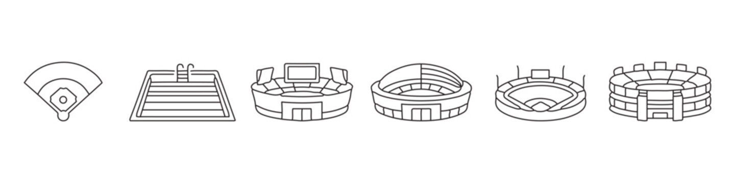 Sports stadium and arena icon set &ndash; editable outline symbols of baseball field, swimming pool and various sport arenas