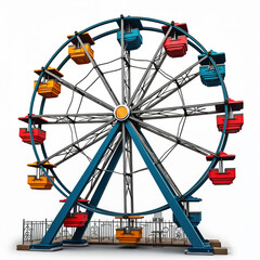 Colorful Ferris wheel with cabins in amusement park. Giant observation wheel structure with cabins for city tours and entertainment. Fun ride with panoramic view.