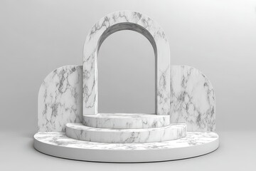 White Marble Podium With Archway and Step in Bright Studio Background Displaying Product Stand or Showcase With Minimalist Aesthetic