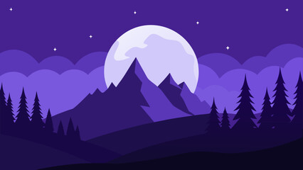 Minimalist purple night landscape illustration featuring mountains trees and a full moon under a starry sky