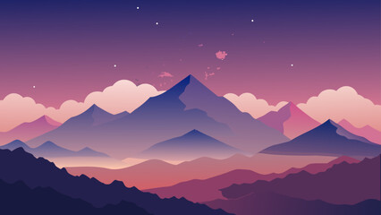 Minimalist vector illustration of layered mountains and clouds under a beautiful purple gradient night sky with stars