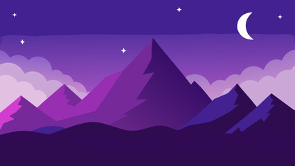 Stylized Vector Art Showing a Peaceful Night Scene with Purple Mountains and a Crescent Moon