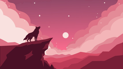 Stylized pink landscape illustration of a wolf howling silhouette standing majestically on a rocky peak