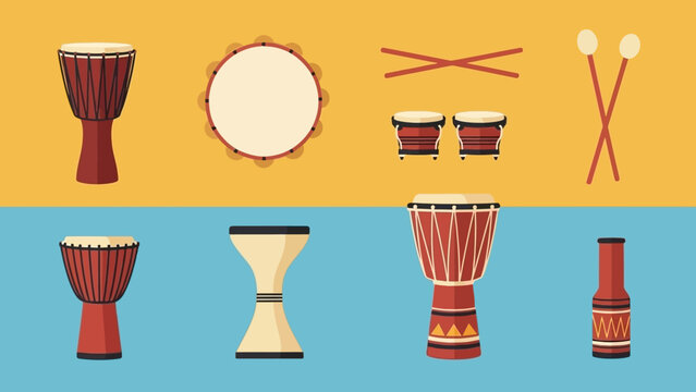 Collection of musical percussion instruments including drums, tambourines, and drumsticks on a colored background
