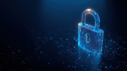 Glowing Digital Padlock Graphic on Dark Blue Background Representing Cybersecurity Protection and Data Encryption Concept