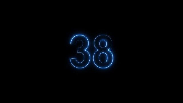 neon number 38 glowing on a black background, digital countdown timer element, vibrant futuristic typography