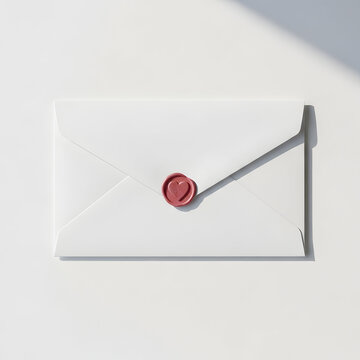Elegant white envelope with red heart shaped wax seal