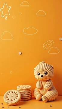 Boneka beruang duduk di samping tumpukan kue.
