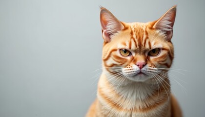Ginger tabby cat has grumpy expression. Orange feline with intense stare looks sideways against gray backdrop. Small part of face is visible.