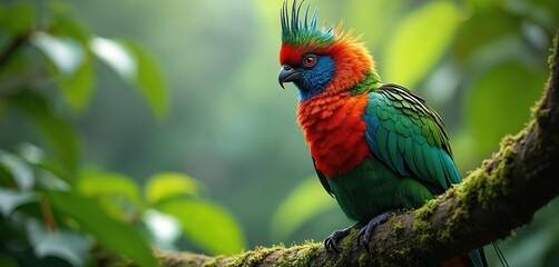 Obraz premium Colorful bird sits on mossy tree branch. Green red blue plumage stands out against soft green jungle foliage. Wildlife scene, nature beauty, detailed feathers.