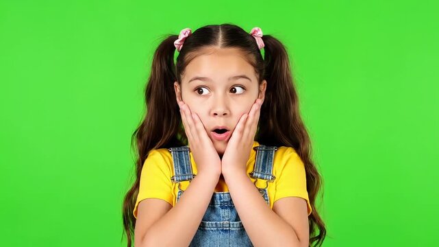 Surprised little girl with pigtails on green background