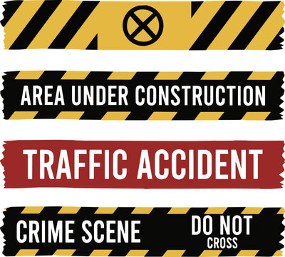 Isolated a Set of yellow, black and red and white warning restriction or forbidden area tape, no entry, area under contruction, traffic accident, crime vector art with white background.