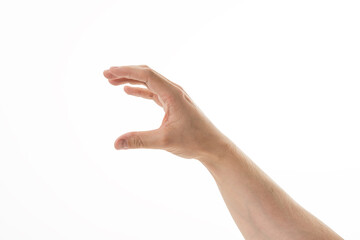 Adult young man hand hold something big isolated on white