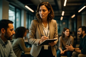 Female manager in blazer holding notepad while observing colleagues in modern office, taking notes and coordinating tasks during busy team meeting.