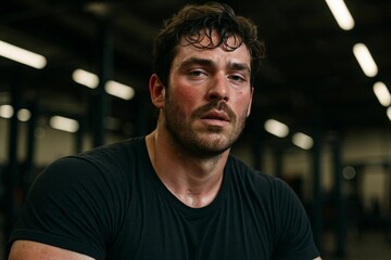Sweaty exhausted athlete resting after intense workout in a gym, close-up portrait showing fatigue and determination.