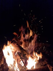 Night campfire in a winter forest. Flames and glowing embers on snow create a contrast of warmth and cold, symbolizing survival, nature connection, and calm during a winter adventure.