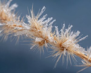 Close up of dried grass seed head covered in delicate ice crystals frost winter