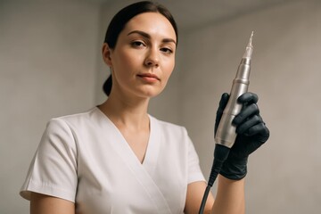 Female cosmetologist in uniform holds microneedling pen or tattoo device, ready for skincare procedure in clinic, professional aesthetic treatment concept.