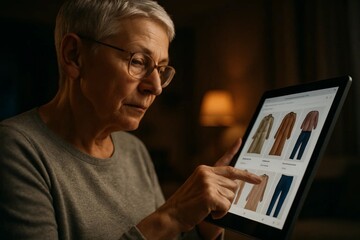 Elderly woman browsing online clothing store on tablet at home, choosing outfits with touchscreen, comfortable e-commerce lifestyle.