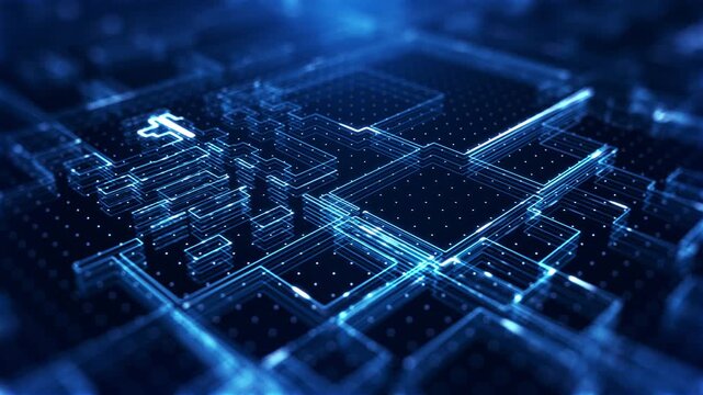 Wide abstract technology motion background featuring a glowing blue circuit board grid with flowing perspective lines, transitioning into a steady static view that forms a seamless loop.