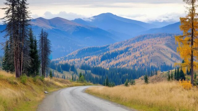 Autumn mountain road winding through golden larch and pine forest with misty blue ridges