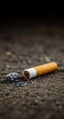 Close up of a discarded cigarette filter lying on dirt ground beside a small heap of gray tobacco ash residue ,cigarette ,nicotine ,ash