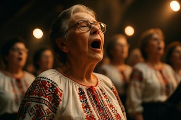 Elderly woman singing in choir under warm lights, traditional embroidered blouse and cultural performance concept.