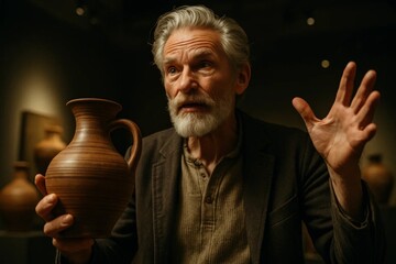 Elderly man holding handmade clay pitcher, gesturing as he tells a story indoors under warm moody lighting.