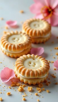 Gambar close-up dari tiga kue kering dengan lapisan gula putih di atas permukaan putih.
