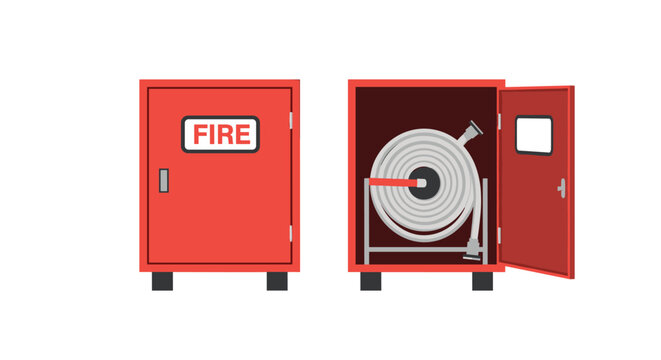 Fire hose cabinet in both closed and open views, showing the coiled hose inside for emergency fire safety.