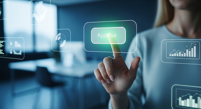 Woman Interacting with Virtual Interface in Office. - Powered by Adobe