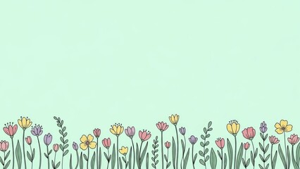 Hand drawn colorful flowers on light green background. Spring floral border design for greeting card, invitation, banner.