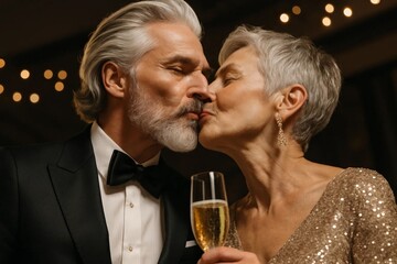 Elegant senior couple kissing during celebration, holding champagne glass under festive lights, romantic anniversary moment.