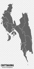 Blank map Chittagong Division of Bangladesh. High quality map Chittagong Division with districts on transparent background for your web site design, logo, app, UI.  EPS10.