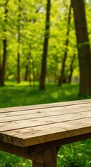 Fototapeta premium Rustic wooden table sitting amidst a lush, bright green spring forest, perfect for outdoor dining or a serene picnic scene under natural light ,setting, raw, furniture