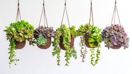 Colorful Succulents in Hanging Ceramic Pots on White Background