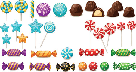 Colorful candy and chocolate sweets collection with lollipops wrapped candies and truffles isolated on white background vector illustration set