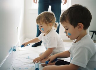 Fototapeta premium Boy and girl painting wall with roller, covered in blue paint, with father watching in background. New home renovation during family activity.