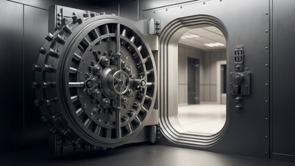 Massive Open Vault Door Revealing a Secure Bank Interior.