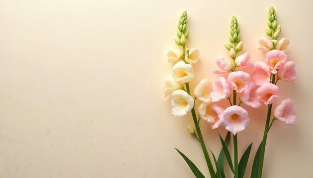 Pastel snapdragons in soft pink, creamy yellow colors are arranged elegantly on light beige backdrop. Delicate petals, green stems create gentle bloom composition suitable for spring, summer themes.