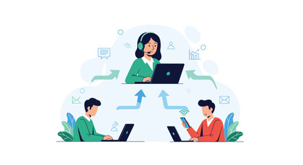 Conceptual illustration of a customer service agent or team leader connecting with remote employees or clients via the cloud.