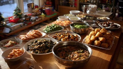 Fototapeta premium Warm korean home new year food scene natural light