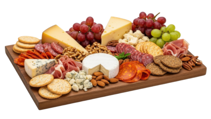 A beautifully arranged charcuterie board featuring various cheeses, meats, crackers, nuts, and grapes.
