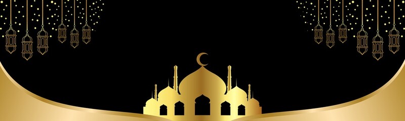Luxurious panoramic banner, islamic background with golden silhouette of a mosque, lanterns on a black background with copy space. Web header template for Ramadan and Eid holidays.