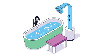 Fototapeta premium Modern isometric illustration of a bathroom setup with a green freestanding bathtub, a blue shower tower, and a purple bench.