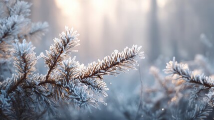 Frost covered pine needles illuminated by soft sunlight in winter forest snow